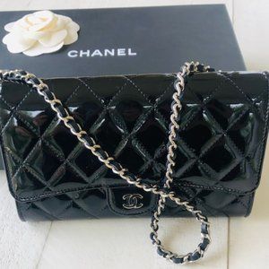 Elegant Black Patent Chanel Wallet on Chain - Like New